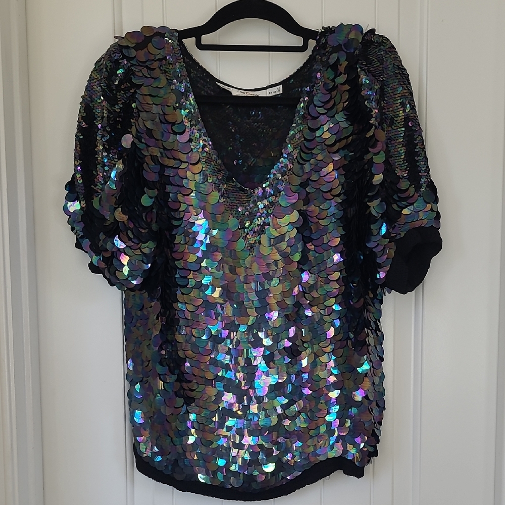 Oleg Cassini Black and Blue Sequin Oversized Blouse